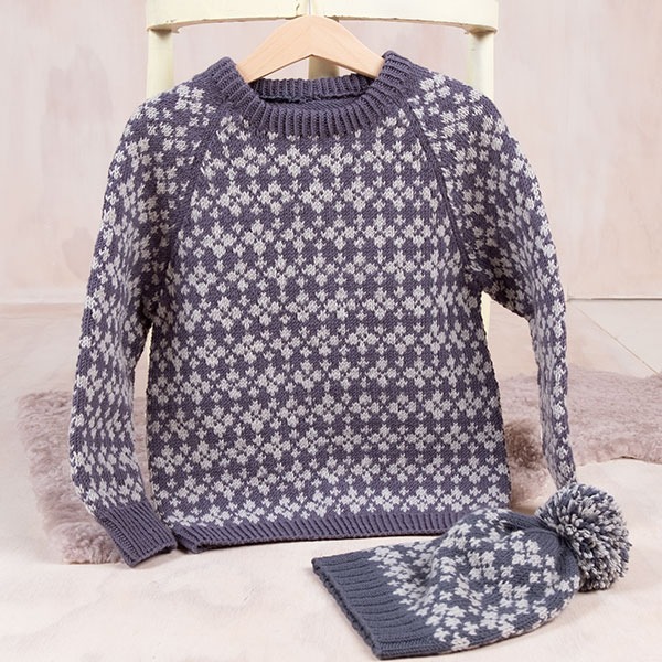 Strikkesett Snøfnugg-genser med lue - garnpakke i Bluum Soft Merino Ull